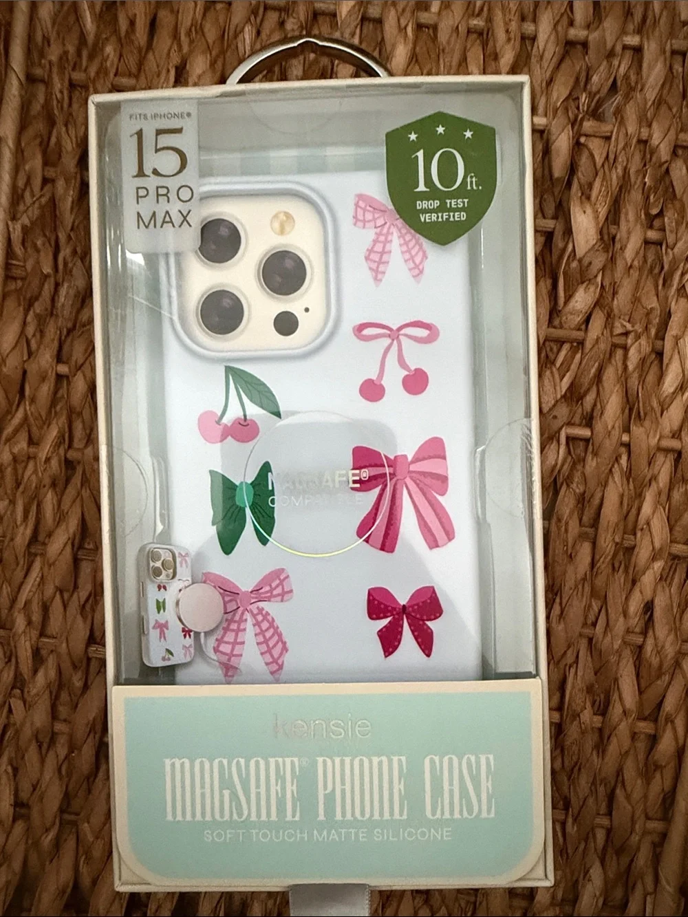 Kensie White MagSafe iPhone 15 Pro Max Case with Pink & Green Bows and Cherries